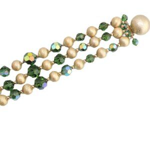 Vintage 1960s Signed Napier 3-Strand Green AB Bracelet